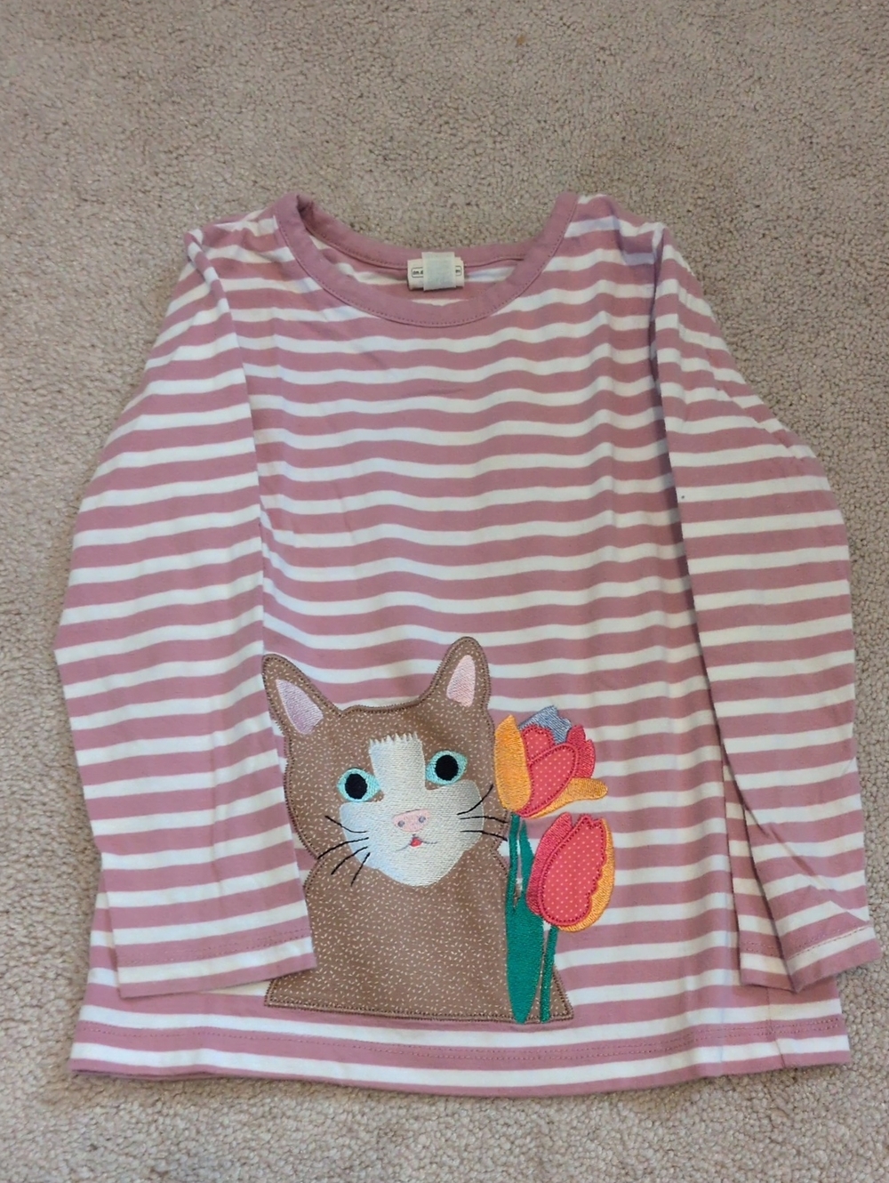 Alana - Girls' Pink & White Striped Cat Appliqué Long Sleeve Top (Size 104 = 4Y)
